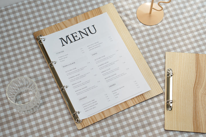 Personalized Wood Menu Cover: Engraved Logo Ring Binder