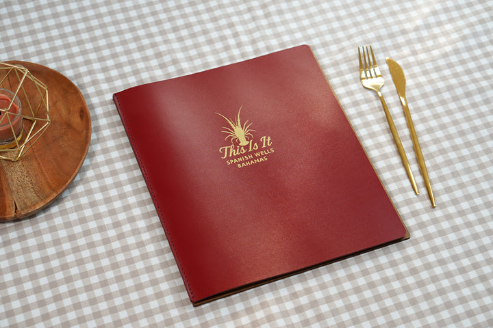 Custom Leather & Wood Restaurant Menu with Engraved Logo