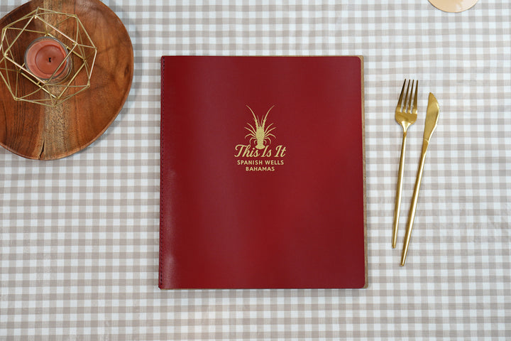 Custom Leather & Wood Restaurant Menu with Engraved Logo