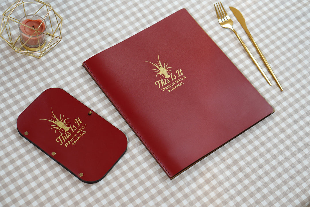 Custom Leather & Wood Restaurant Menu with Engraved Logo