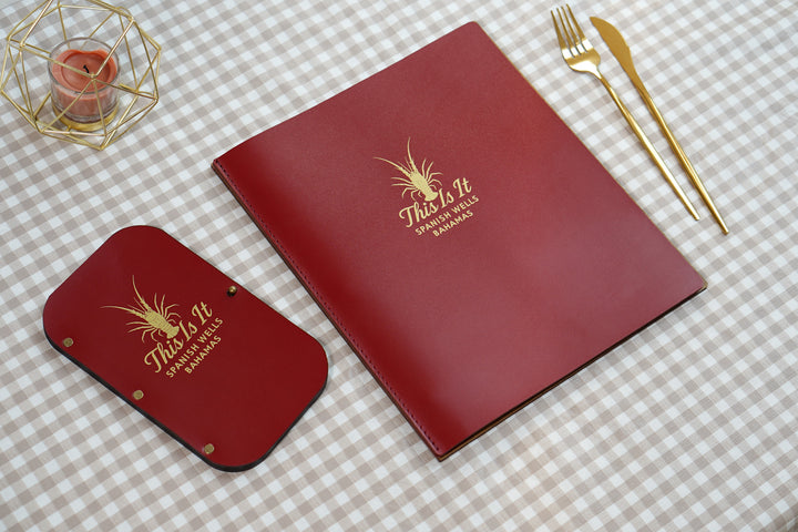 Custom Leather & Wood Restaurant Menu with Engraved Logo