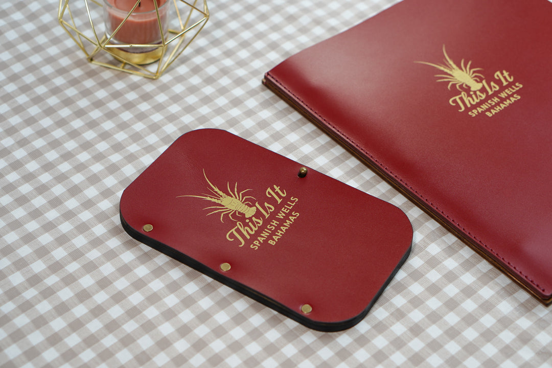 Custom Leather & Wood Restaurant Menu with Engraved Logo