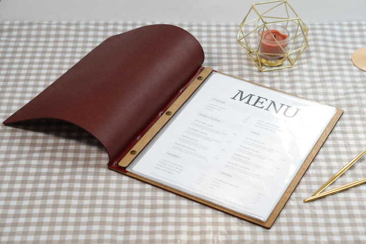 Custom Leather & Wood Restaurant Menu with Engraved Logo