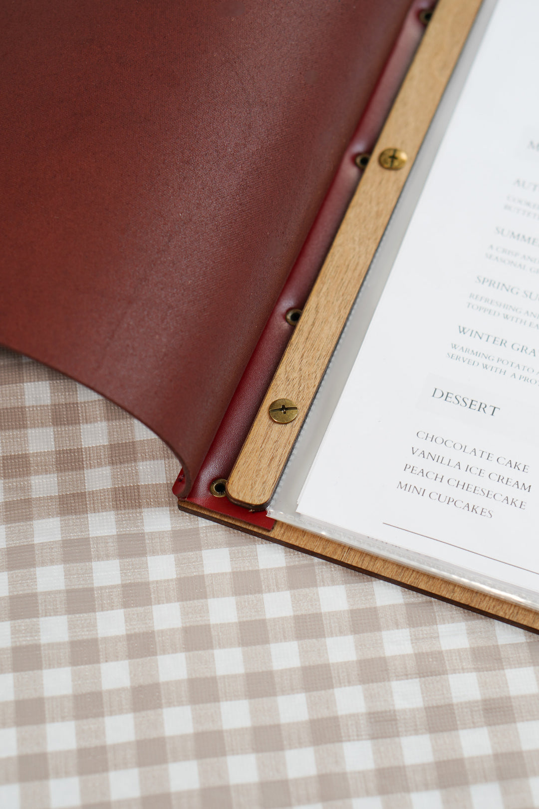 Custom Leather & Wood Restaurant Menu with Engraved Logo