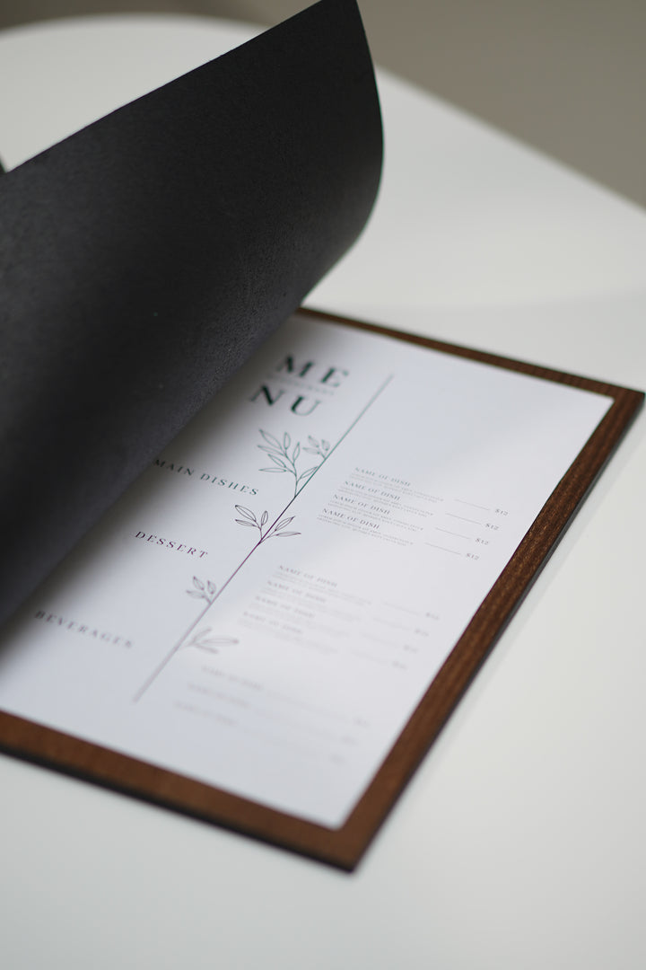 Custom Ashwood and Leather Menu Folder for A5 and US Half Letter Sheets