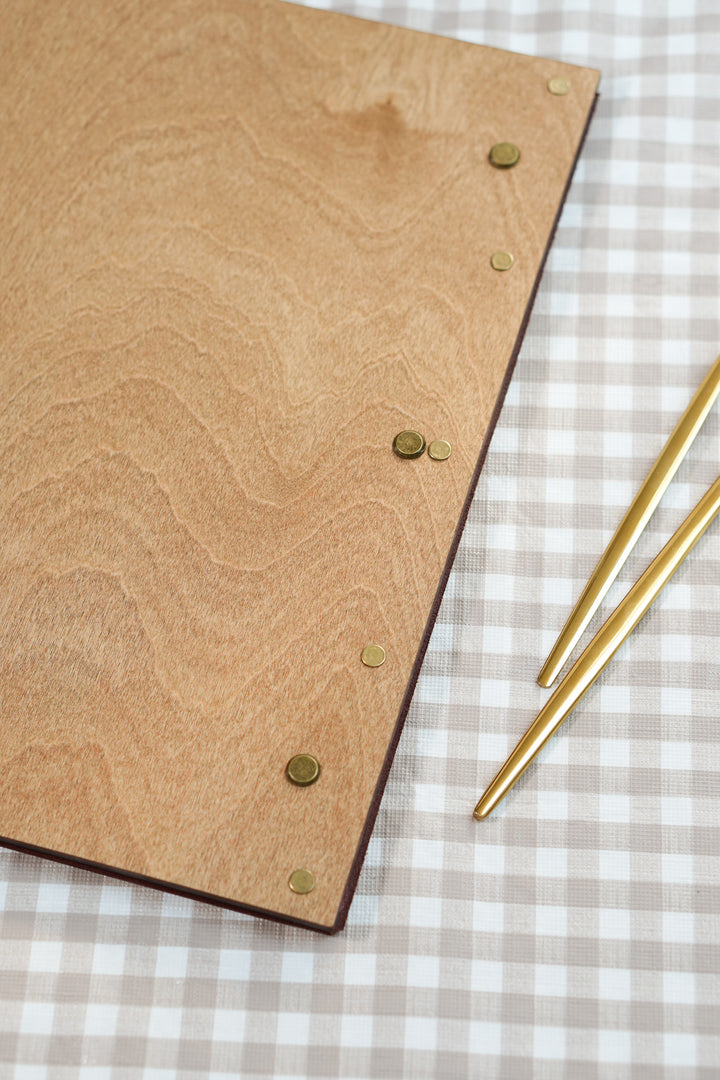 Custom Leather & Wood Restaurant Menu with Engraved Logo