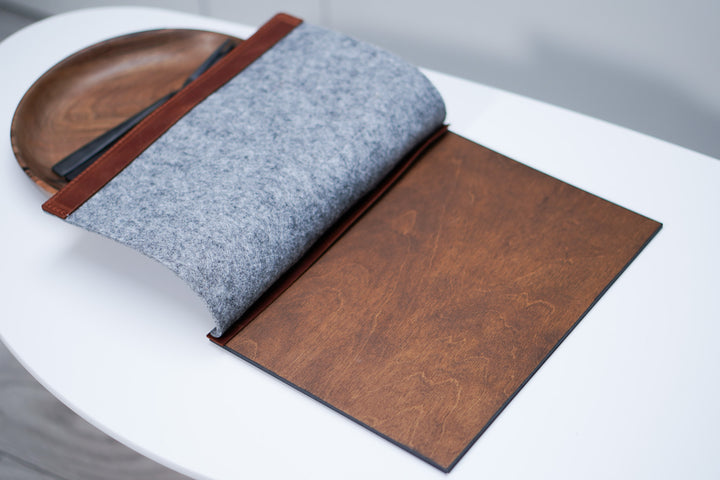 Felt Menu Holder: Leather & Wood Restaurant Menu Cover