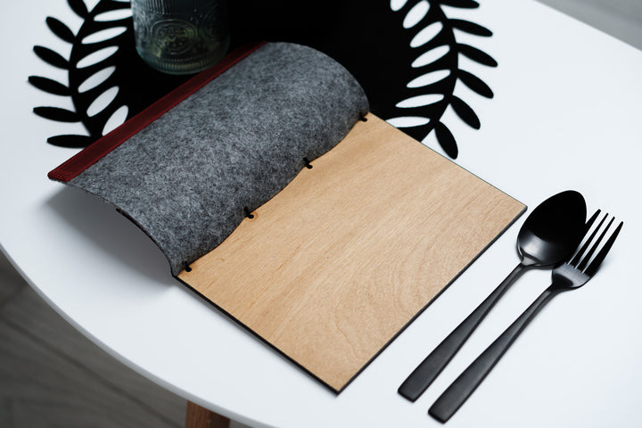 Felt Restaurant Menu Holder: Leather & Wood Cafe Menu Board