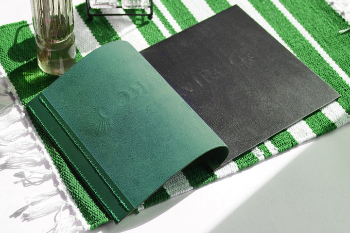 Embossed Leather Menu Folder: Wooden Base, Cafe Restaurant Menu