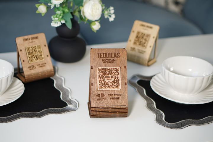 Custom NFC QR Code Plywood Stand: Engraved Logo, Tap to Connect