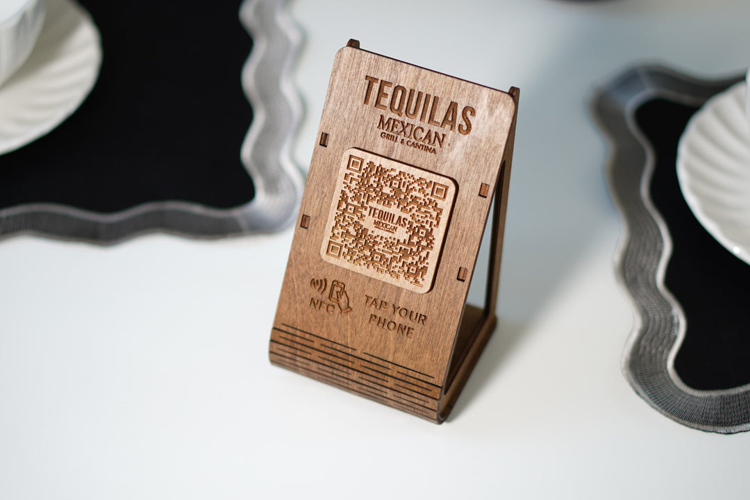 Custom NFC QR Code Plywood Stand: Engraved Logo, Tap to Connect