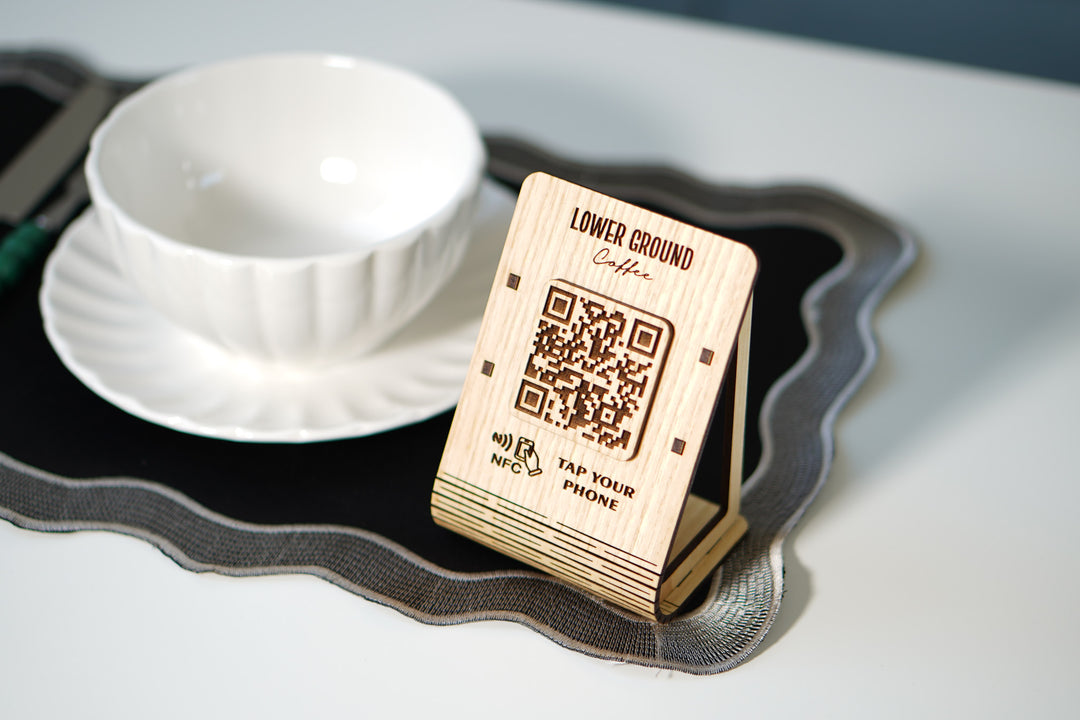 Custom NFC QR Code Plywood Stand: Engraved Logo, Tap to Connect
