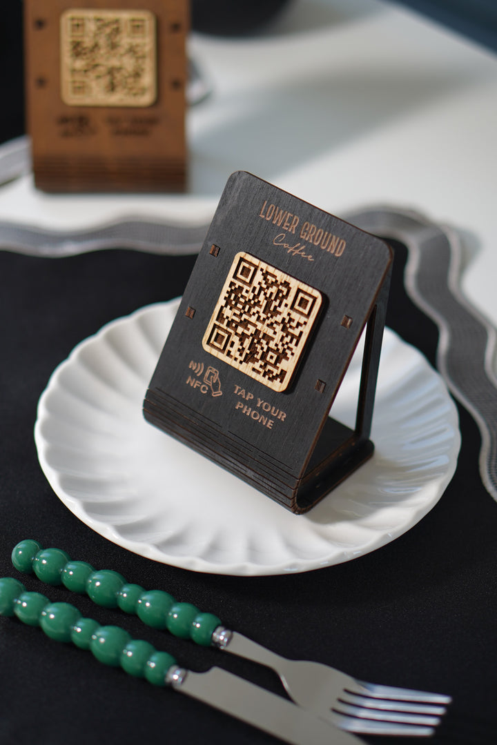 Custom NFC QR Code Plywood Stand: Engraved Logo, Tap to Connect