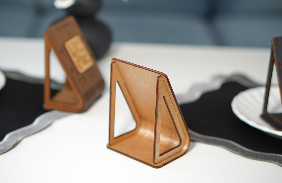 Custom NFC QR Code Plywood Stand: Engraved Logo, Tap to Connect