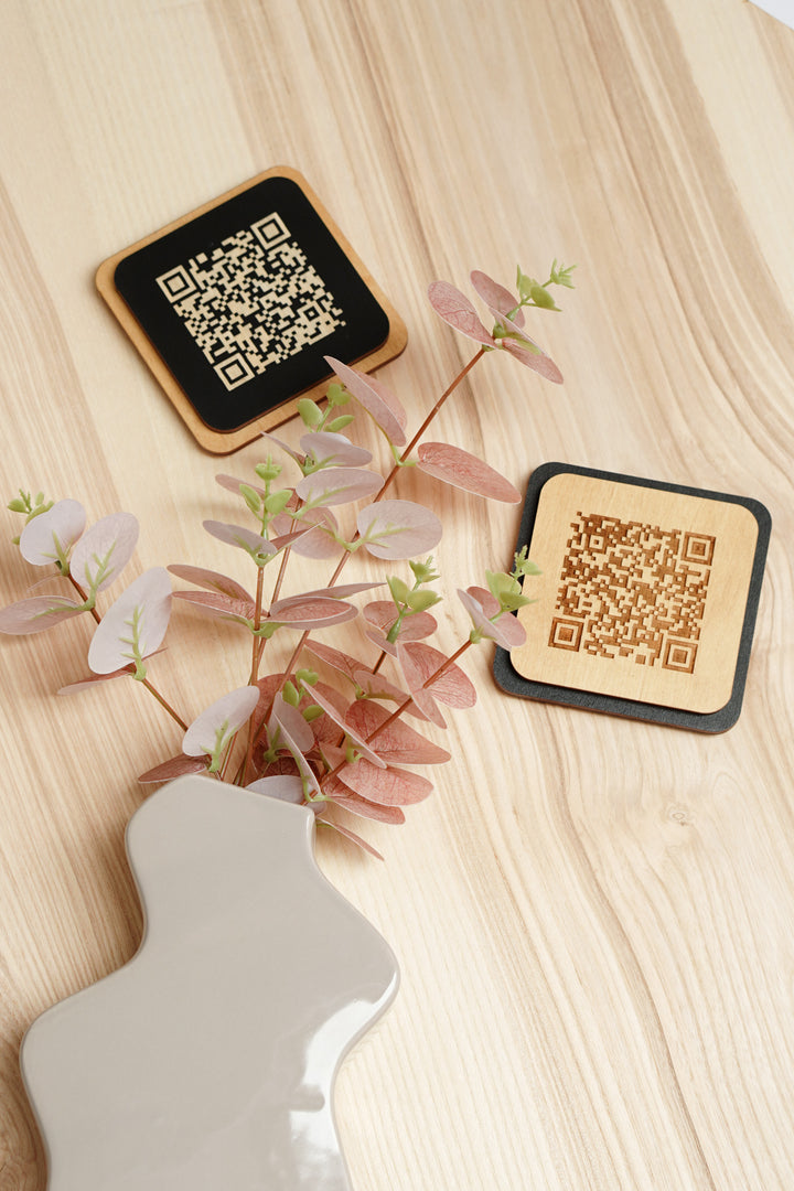 Engraved Wooden QR Code Menu Sign: Personalized Restaurant Table Menu