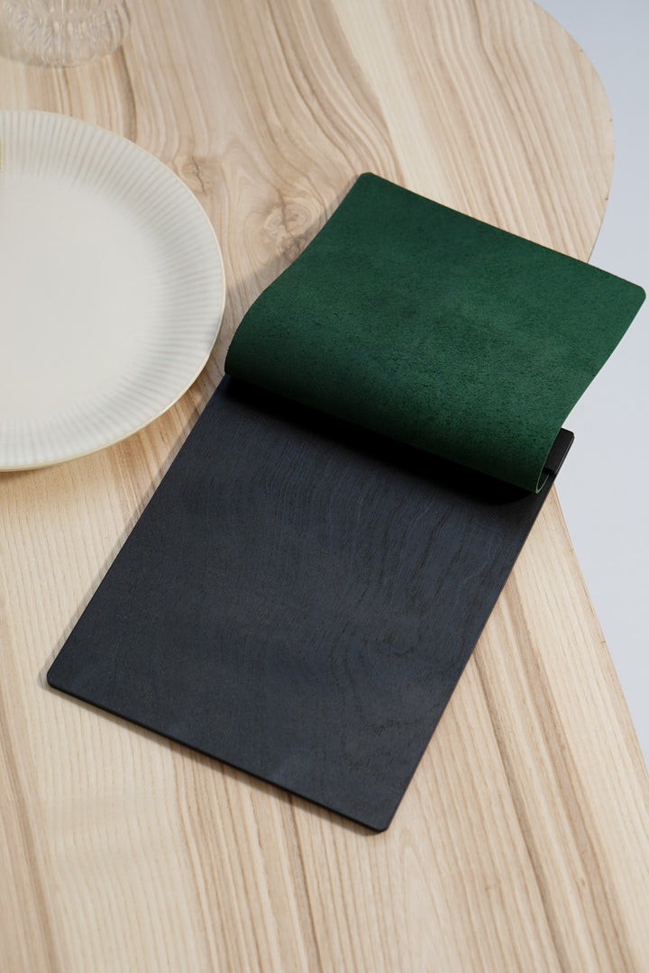 Embossed Logo Leather Menu Clipboard: Wood Menu Board