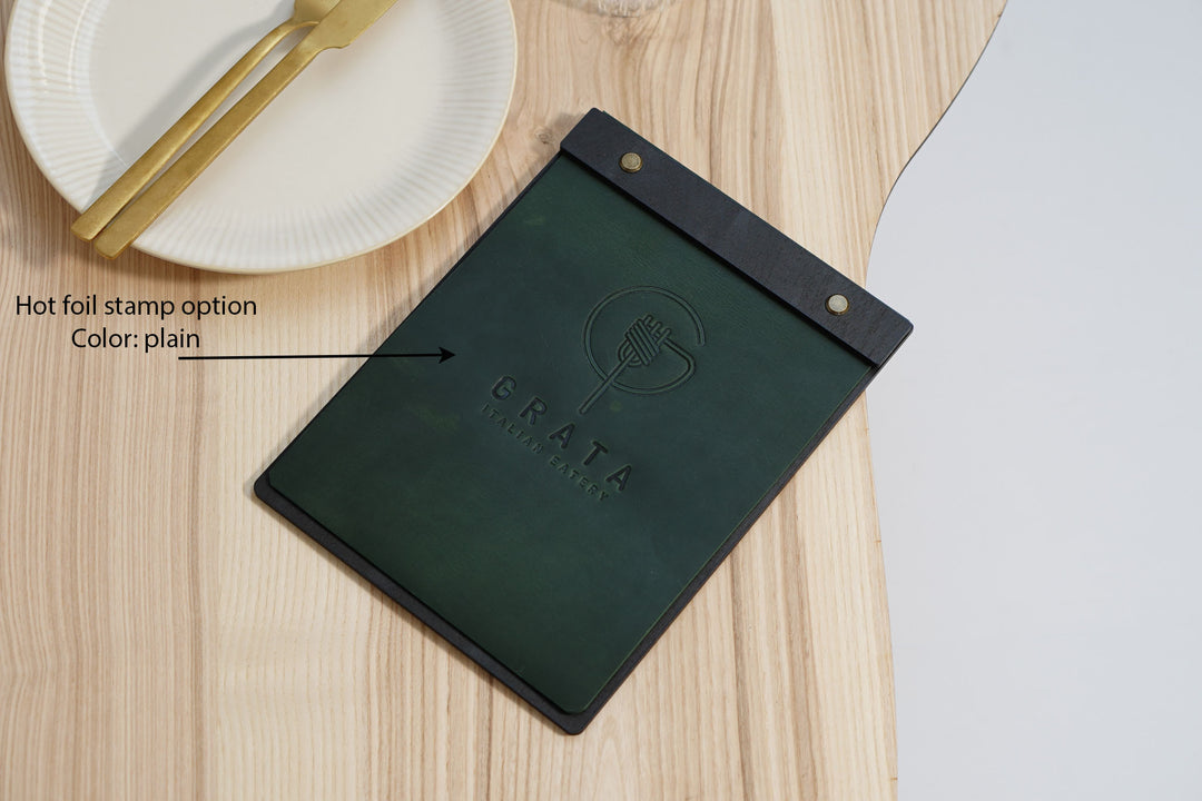 Embossed Logo Leather Menu Clipboard: Wood Menu Board
