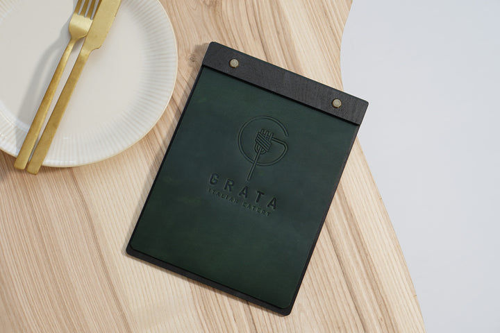 Embossed Logo Leather Menu Clipboard: Wood Menu Board