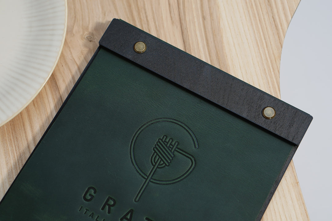 Embossed Logo Leather Menu Clipboard: Wood Menu Board