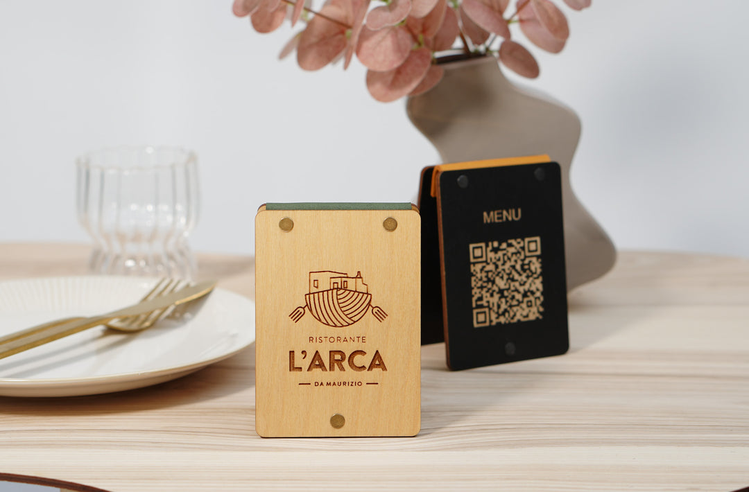 Personalized Wooden QR Code Menu Sign with Vintage Leather