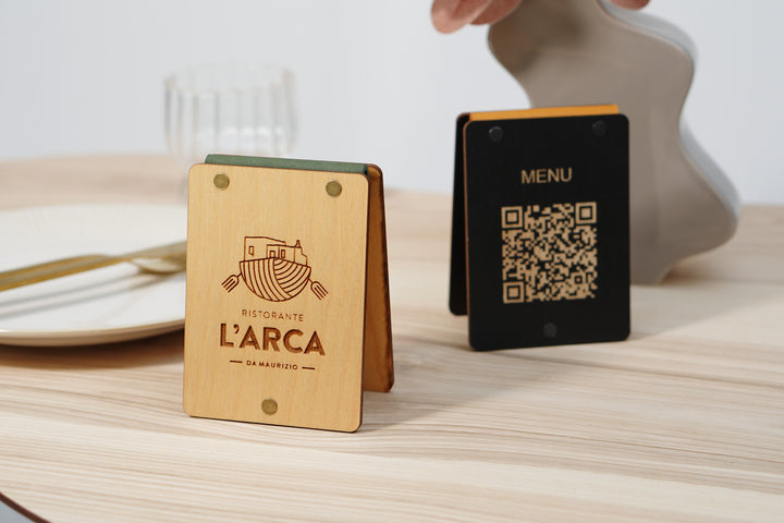 Personalized Wooden QR Code Menu Sign with Vintage Leather