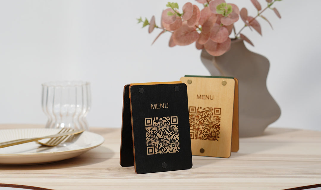 Personalized Wooden QR Code Menu Sign with Vintage Leather