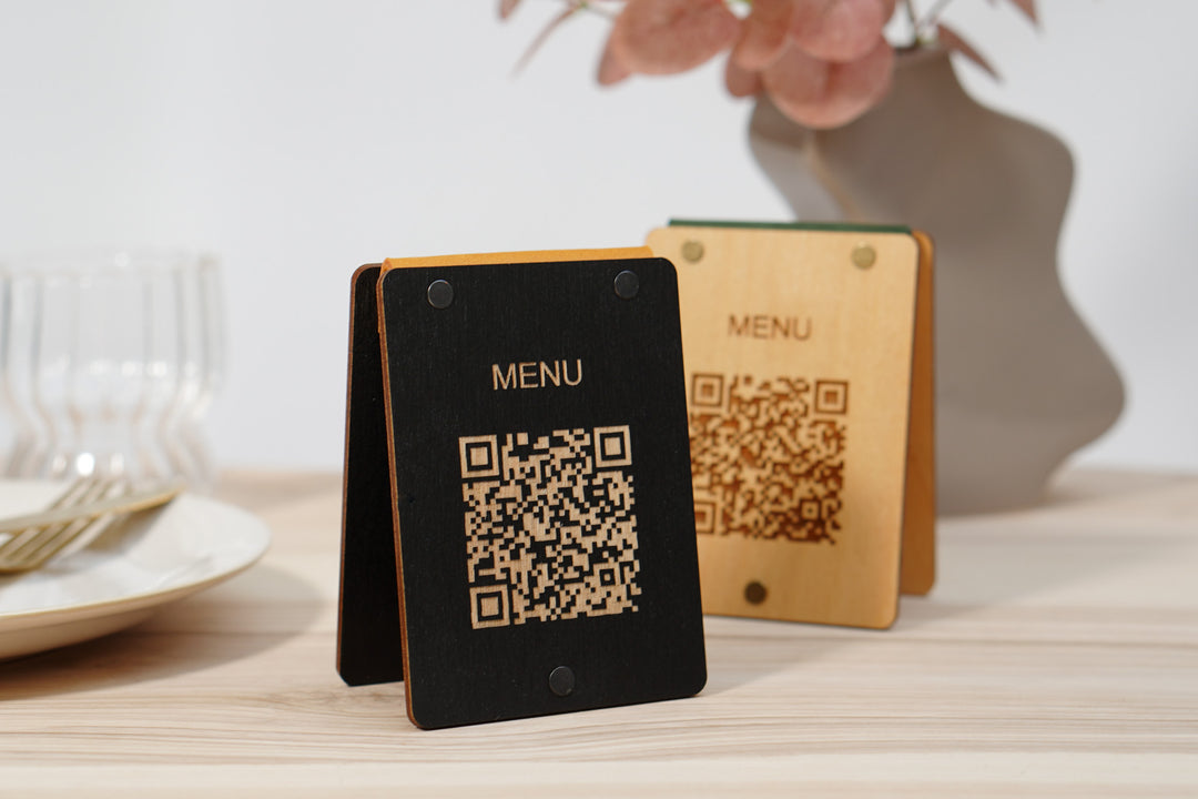 Personalized Wooden QR Code Menu Sign with Vintage Leather