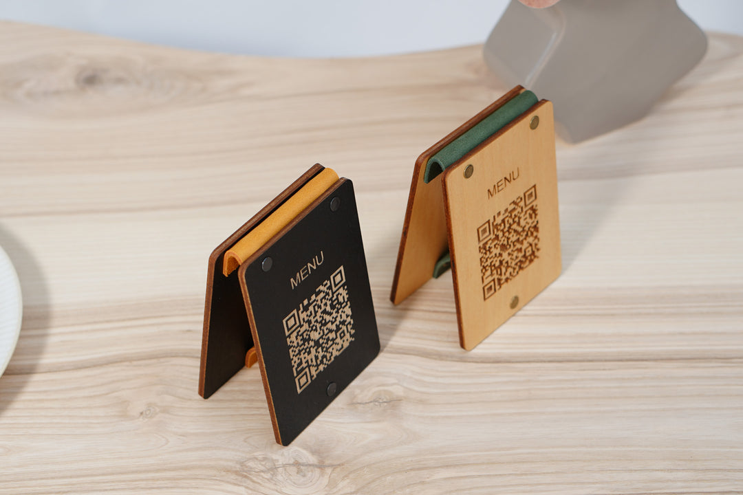 Personalized Wooden QR Code Menu Sign with Vintage Leather