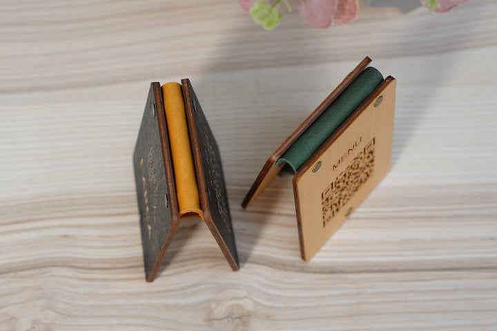 Personalized Wooden QR Code Menu Sign with Vintage Leather