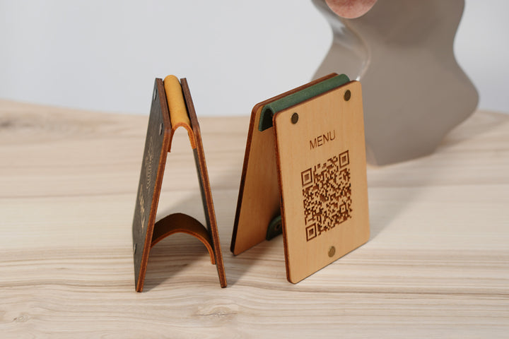 Personalized Wooden QR Code Menu Sign with Vintage Leather