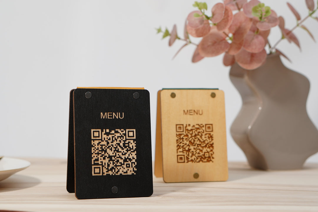 Personalized Wooden QR Code Menu Sign with Vintage Leather