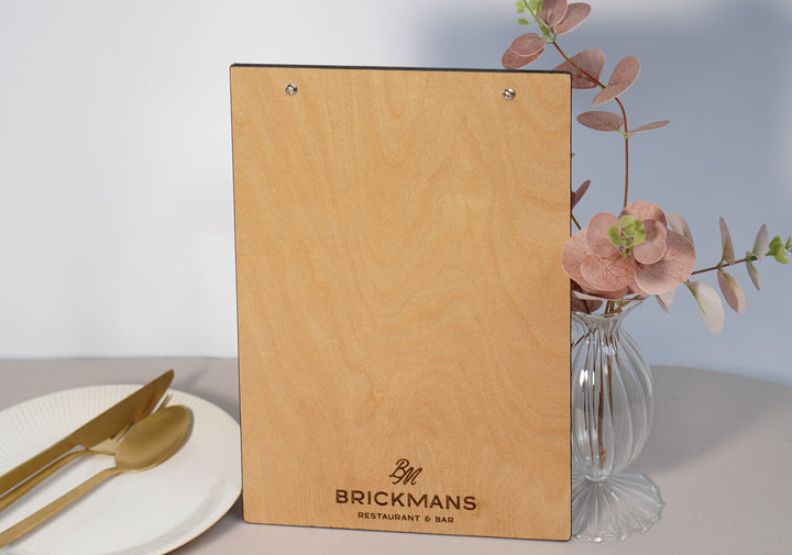 Embossed Logo Leather Menu Board: Wood Restaurant Clipboard