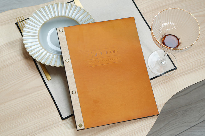 Vintage Leather Menu Board: Custom Embossed Logo, Wood Menu Cover