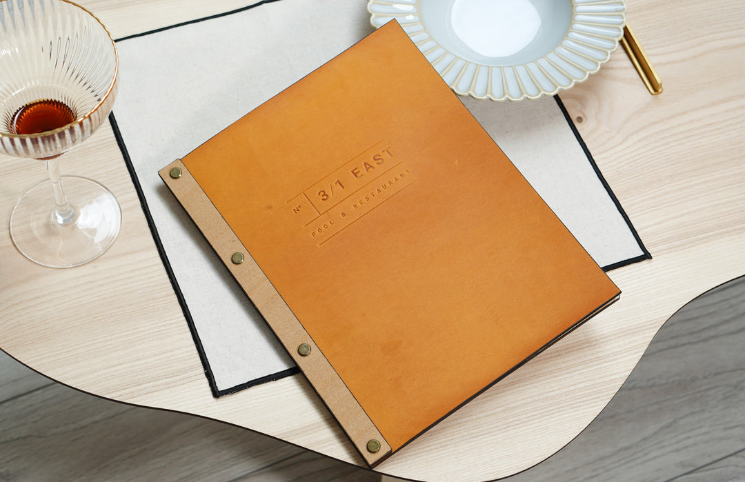 Vintage Leather Menu Board: Custom Embossed Logo, Wood Menu Cover