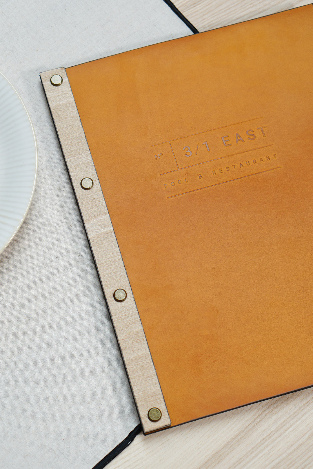 Vintage Leather Menu Board: Custom Embossed Logo, Wood Menu Cover