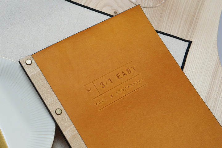 Vintage Leather Menu Board: Custom Embossed Logo, Wood Menu Cover