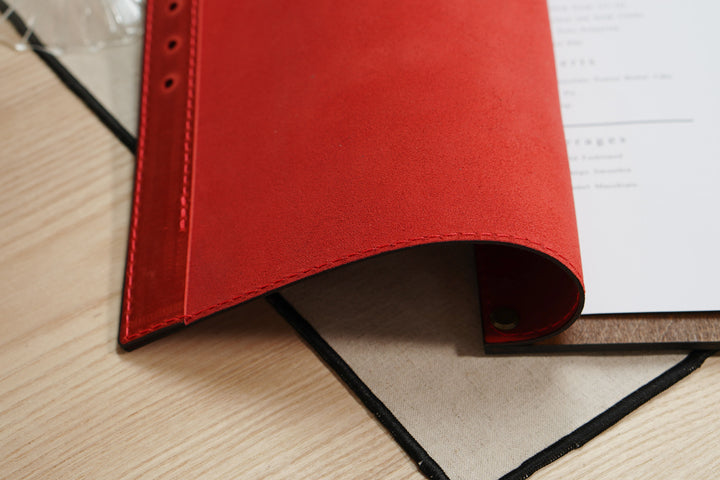 Leather & Wood Menu Cover: Embossed Logo Vintage Menu Board