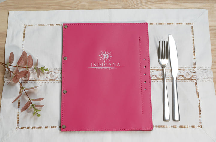 Embossed Logo Leather Menu Holder: Wood Restaurant Menu