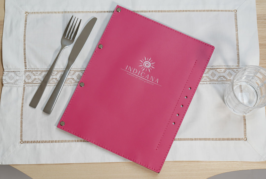 Embossed Logo Leather Menu Holder: Wood Restaurant Menu