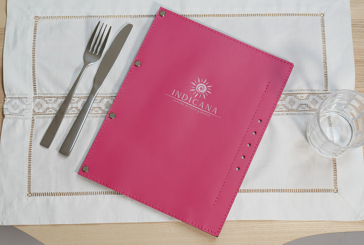 Embossed Logo Leather Menu Holder: Wood Restaurant Menu