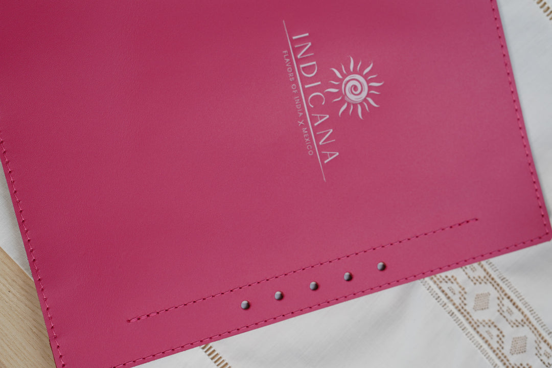 Embossed Logo Leather Menu Holder: Wood Restaurant Menu