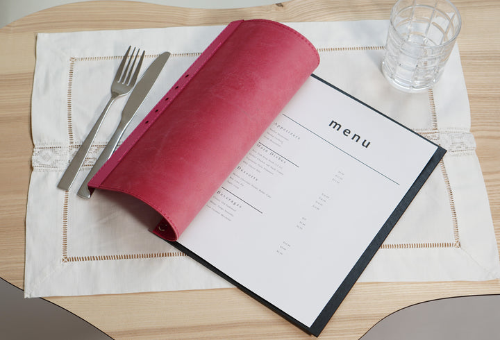 Embossed Logo Leather Menu Holder: Wood Restaurant Menu
