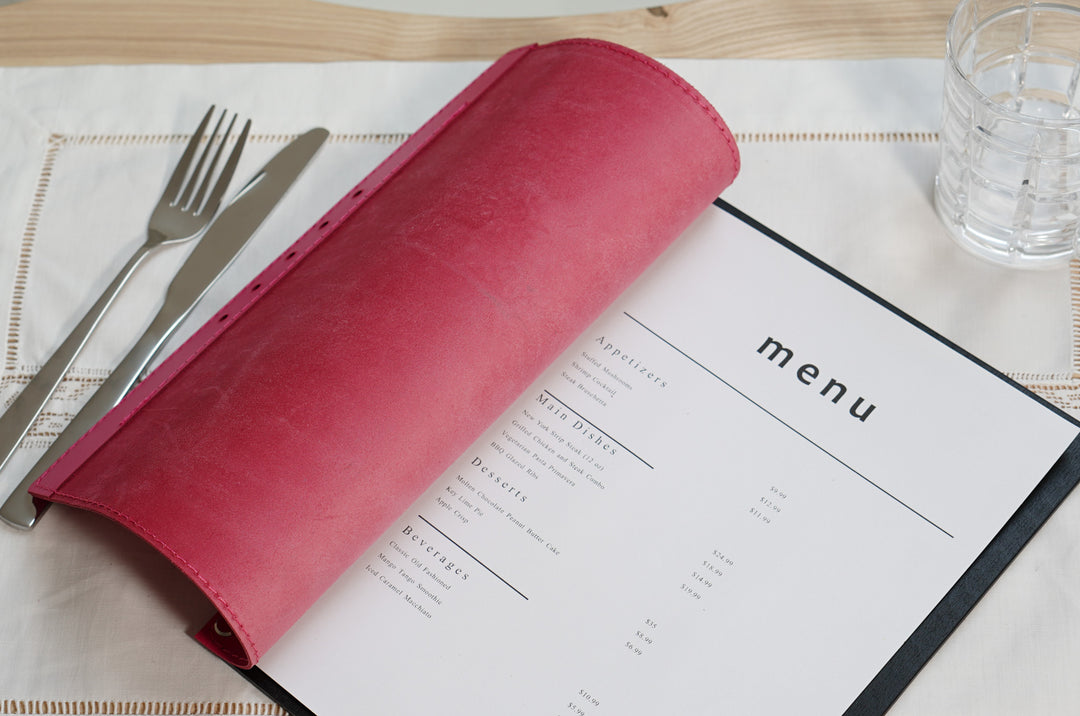 Embossed Logo Leather Menu Holder: Wood Restaurant Menu