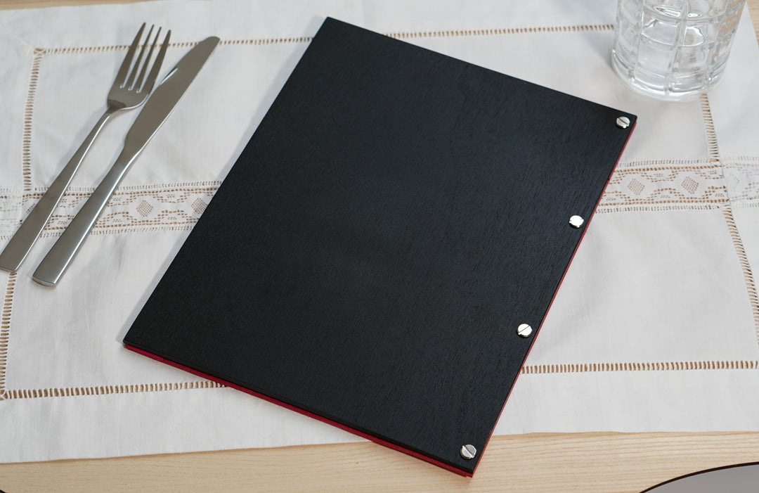 Embossed Logo Leather Menu Holder: Wood Restaurant Menu