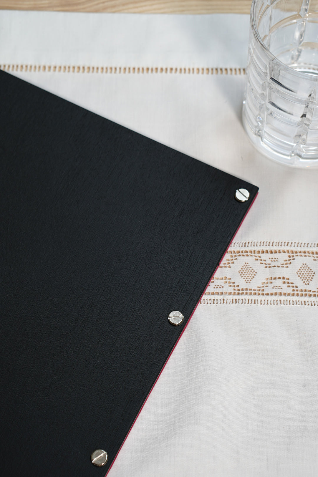 Embossed Logo Leather Menu Holder: Wood Restaurant Menu