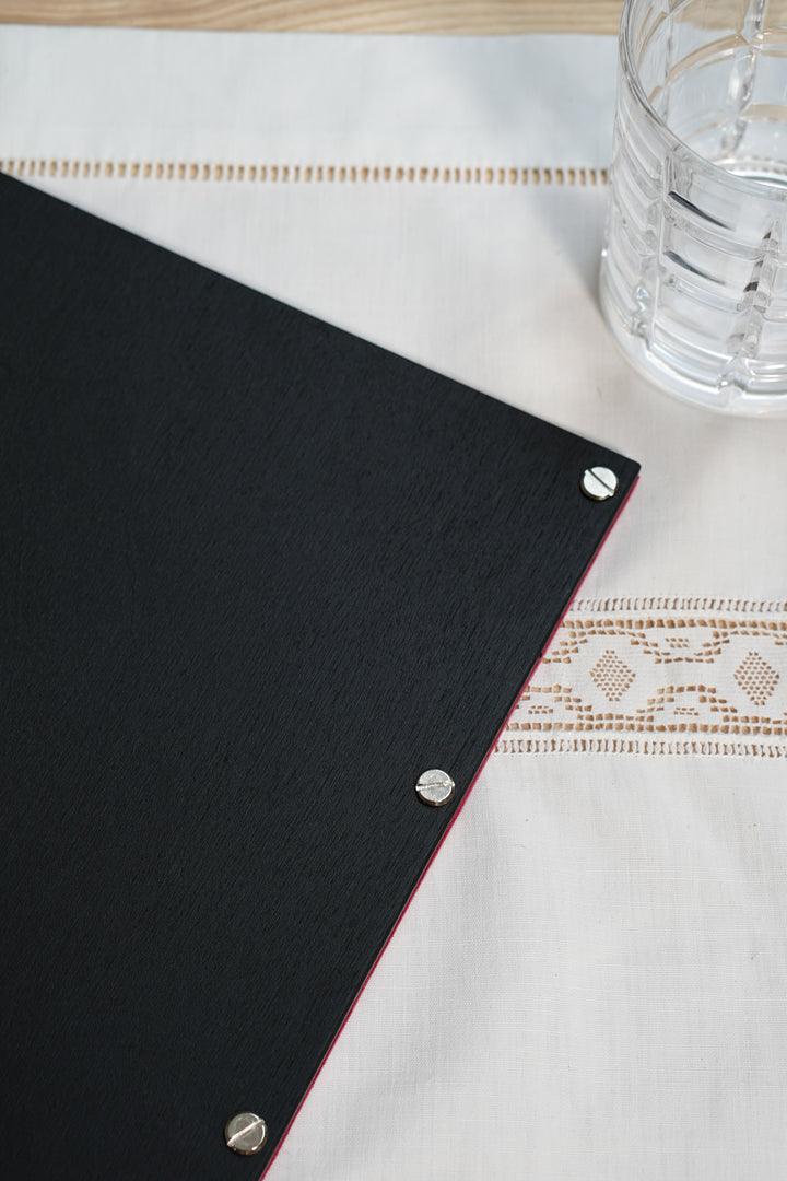 Embossed Logo Leather Menu Holder: Wood Restaurant Menu