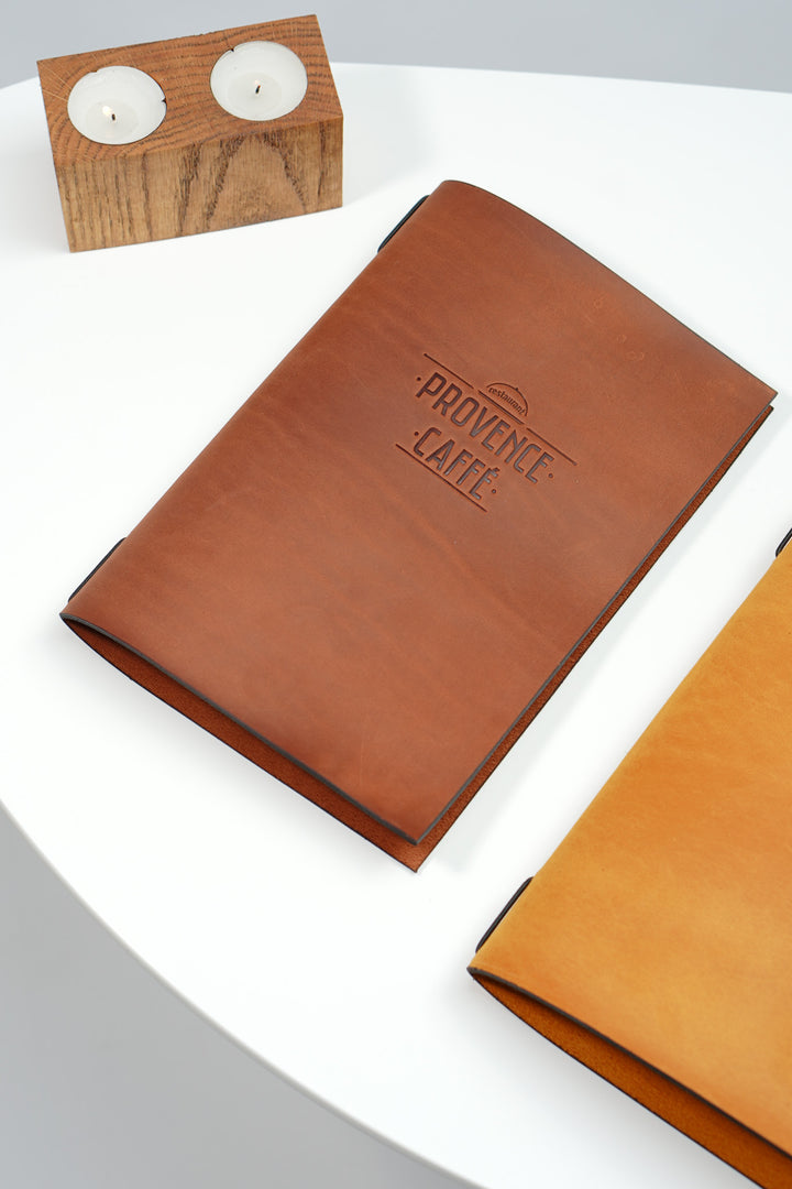Vintage Leather Restaurant Menu Folder with Embossed Logo