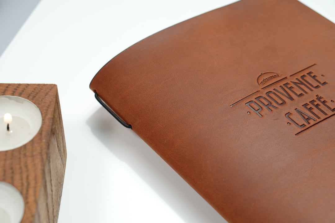 Vintage Leather Restaurant Menu Folder with Embossed Logo