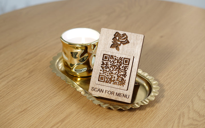 Laser Engraved Wooden QR Code Menu Sign | Custom Table QR Menu for Cafe & Restaurant | Wooden  Table Display