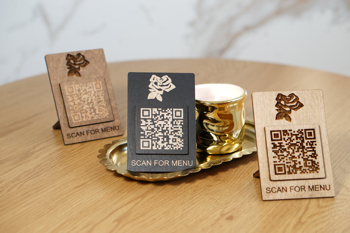 Laser Engraved Wooden QR Code Menu Sign | Custom Table QR Menu for Cafe & Restaurant | Wooden  Table Display